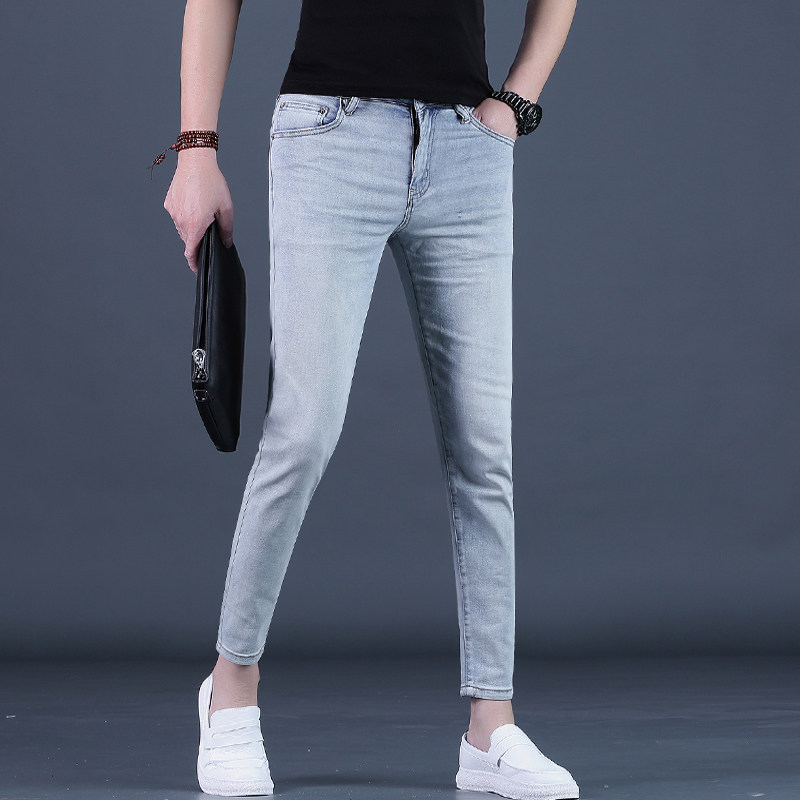 九分裤男款牛仔裤潮流修身小脚夏季淡蓝色高级感男士9分休闲裤子