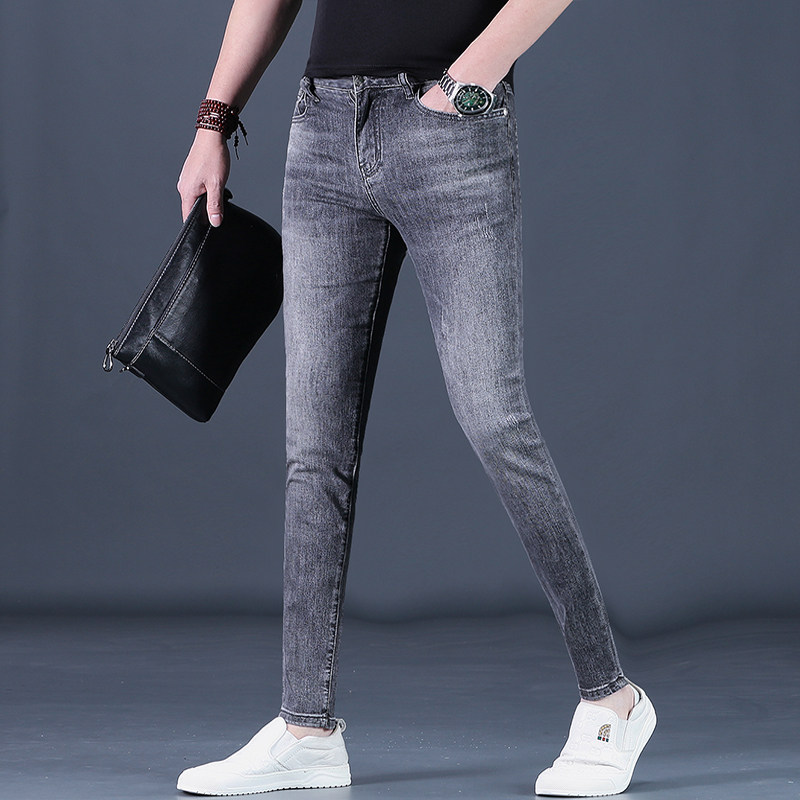 裤子男款牛仔裤男士潮流2026修身小脚烟灰色春夏休闲长裤夏天男裤