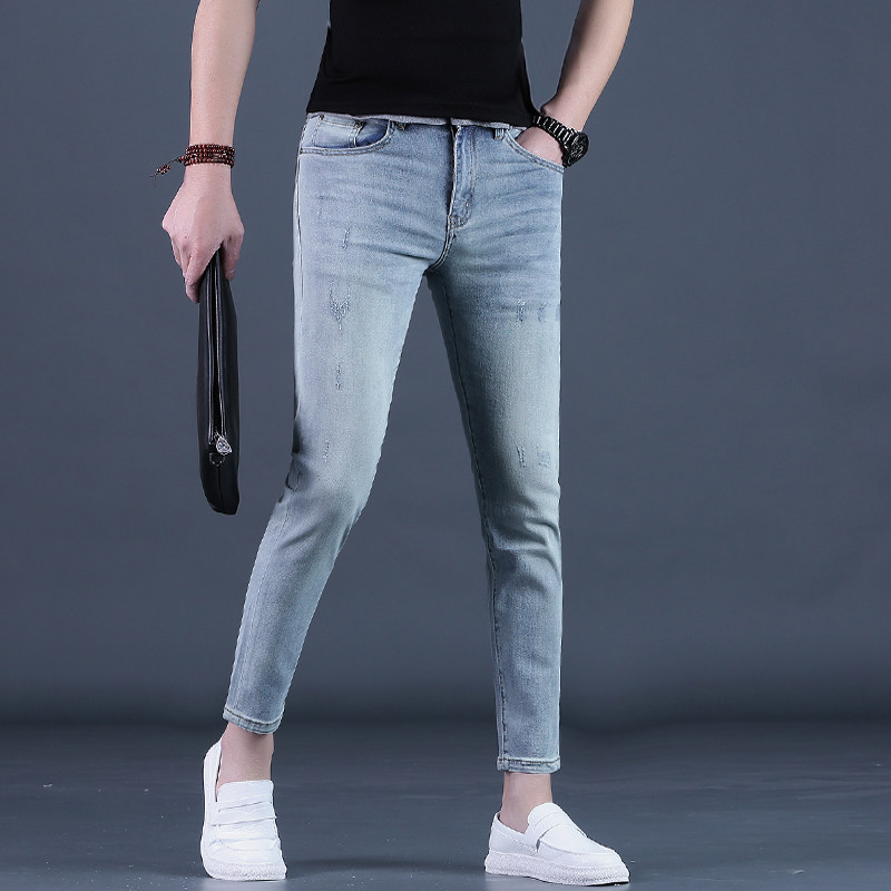 九分牛仔裤男士修身小脚潮流浅蓝色夏季9分休闲裤子男收腿显瘦薄