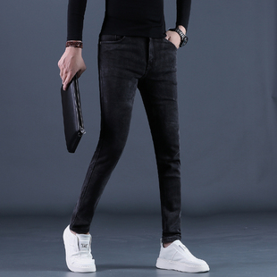 秋冬牛仔裤男士韩版潮流修身型小脚裤厚款黑灰色2025上新休闲长裤