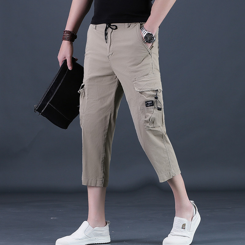 夏季休闲裤男士宽松直筒美式工装八分短裤潮牌多口袋矮个子男裤子