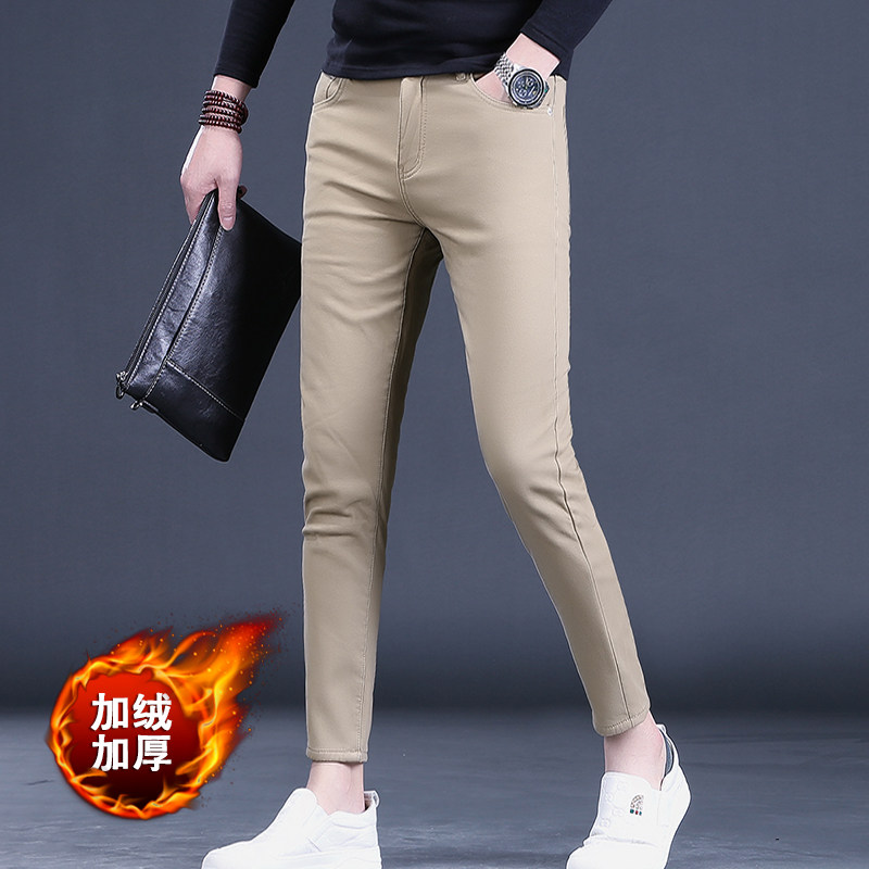 冬季裤子男九分裤加绒加厚牛仔裤男士潮流修身小脚9分休闲裤新款