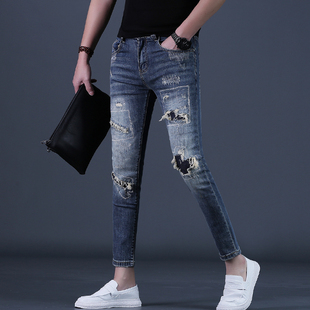 九分裤男款破洞牛仔裤男士潮牌修身型小脚高级夏季9分男装2026薄