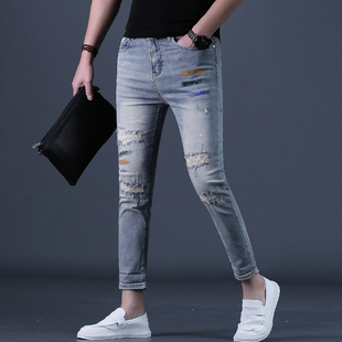 九分裤男款破洞牛仔裤夏季潮牌修身小脚潮男士9分休闲裤子男薄26