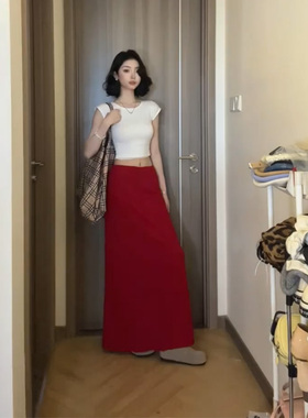 高级感红色半身裙女2025新款垂坠感高腰显瘦百搭a字包臀裙长裙