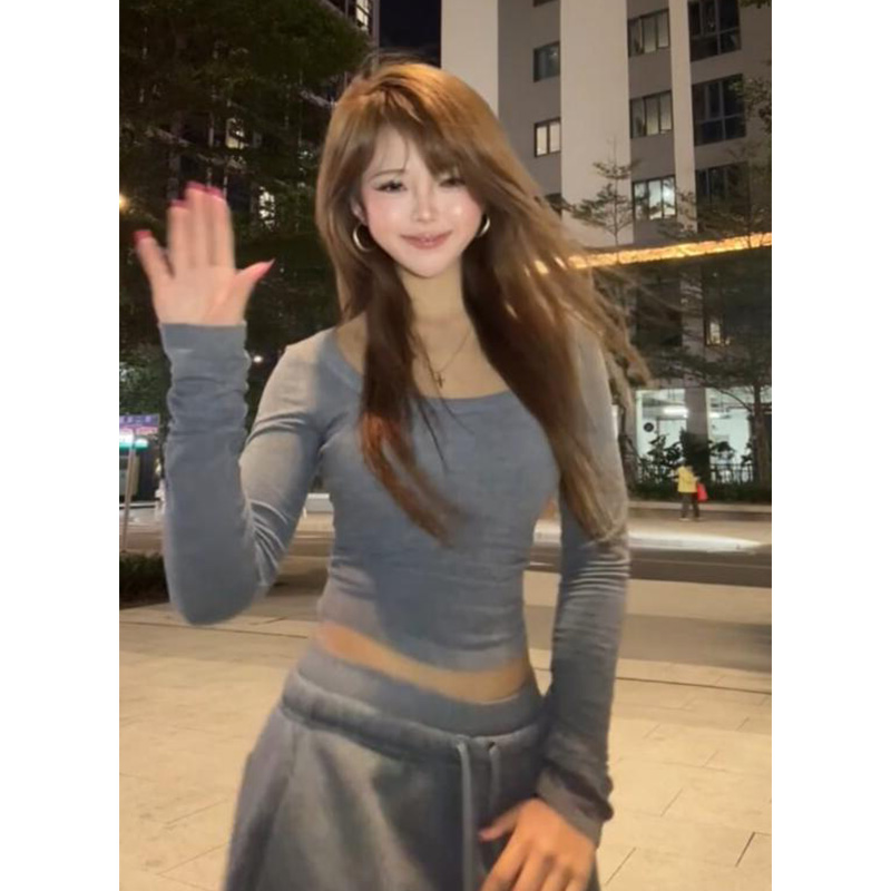 美式辣妹灰色大U领长袖T恤