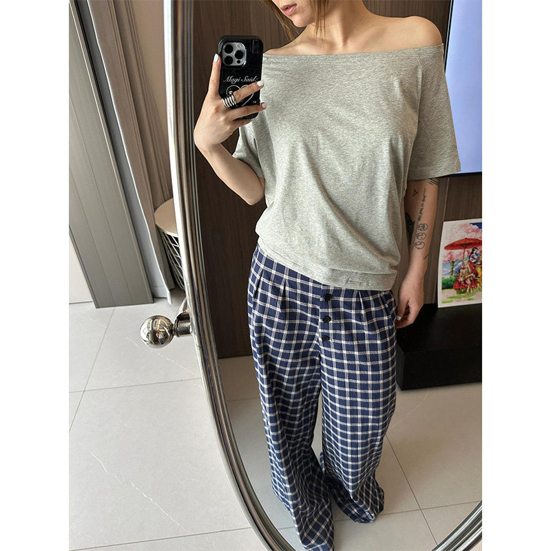 张静怡同款纯棉宽松休闲灰色一字肩短袖t恤女2024夏辣妹堆叠上衣
