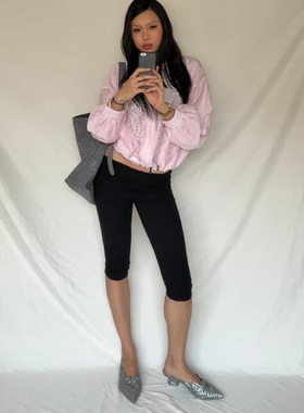 设计感黑色翻边紧身弹力7分裤女修身百搭休闲运动紧身针织裤子