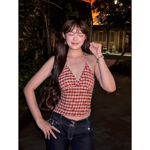 红色格子美背挂脖吊带背心女辣妹性感绑带修身显瘦无袖外穿短上衣