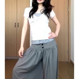 纽结绑带挂脖假两件上衣女夏季新款美式修身显瘦休闲百搭短袖T恤
