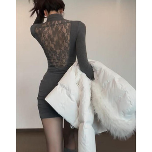 辣妹性感蕾丝露背连衣裙女秋冬新款 显瘦灰色包臀打底裙 设计感修身