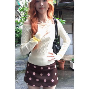 辣妹性感棕色波点印花半身裙女修身 百搭显瘦防走a字短裙 低腰裙裤