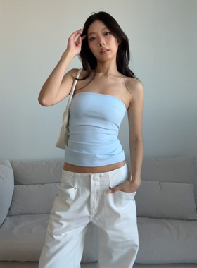 小众设计辣妹弹力蓝色针织抹胸女夏季外穿收腰修身显瘦无袖上衣
