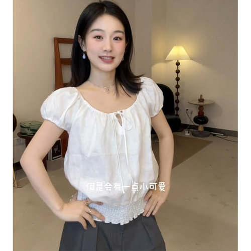 法式复古白色短袖系带衬衫女