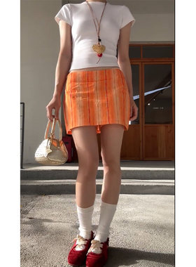 美式低腰辣妹橙色竖条纹半身裙