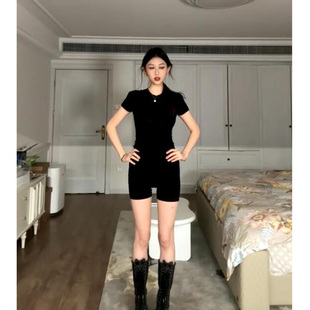 美式性感黑色套装女skims短袖修身圆领t恤+螺纹短裤平角裤两件套