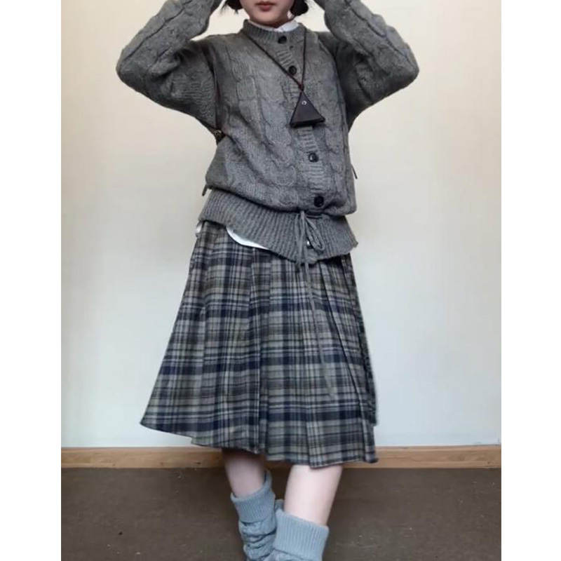 木耳边拼接格纹半身裙女