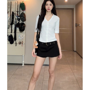 显瘦气质衬衫 辣妹白色polo衫 显身材正肩收腰修身 T恤女夏季 女 新款