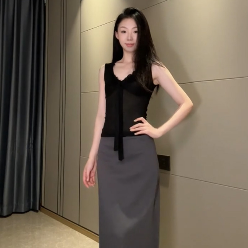 韩系拼接飘带背心吊带女