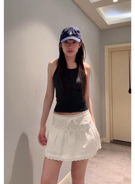 美式甜美风蕾丝花边白色a字短裙
