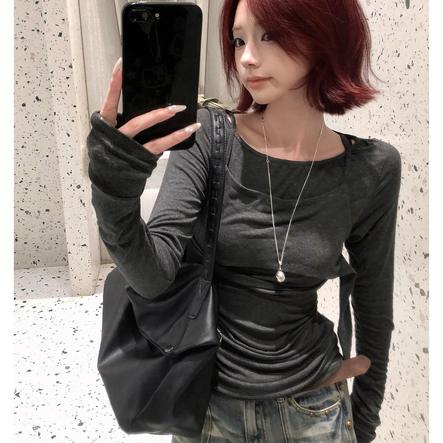 叠穿层次灰色长袖上衣女秋冬新款小众褶皱修身收腰显瘦假两件罩衫