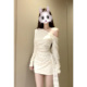 纯欲风斜肩系带收腰连衣裙女2026新款 辣妹修身 显瘦气质包臀小白裙