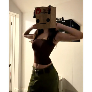 上衣 棕色抹胸女带裹胸垫裸感亲肤运动健身修身 美式 辣妹性感一片式