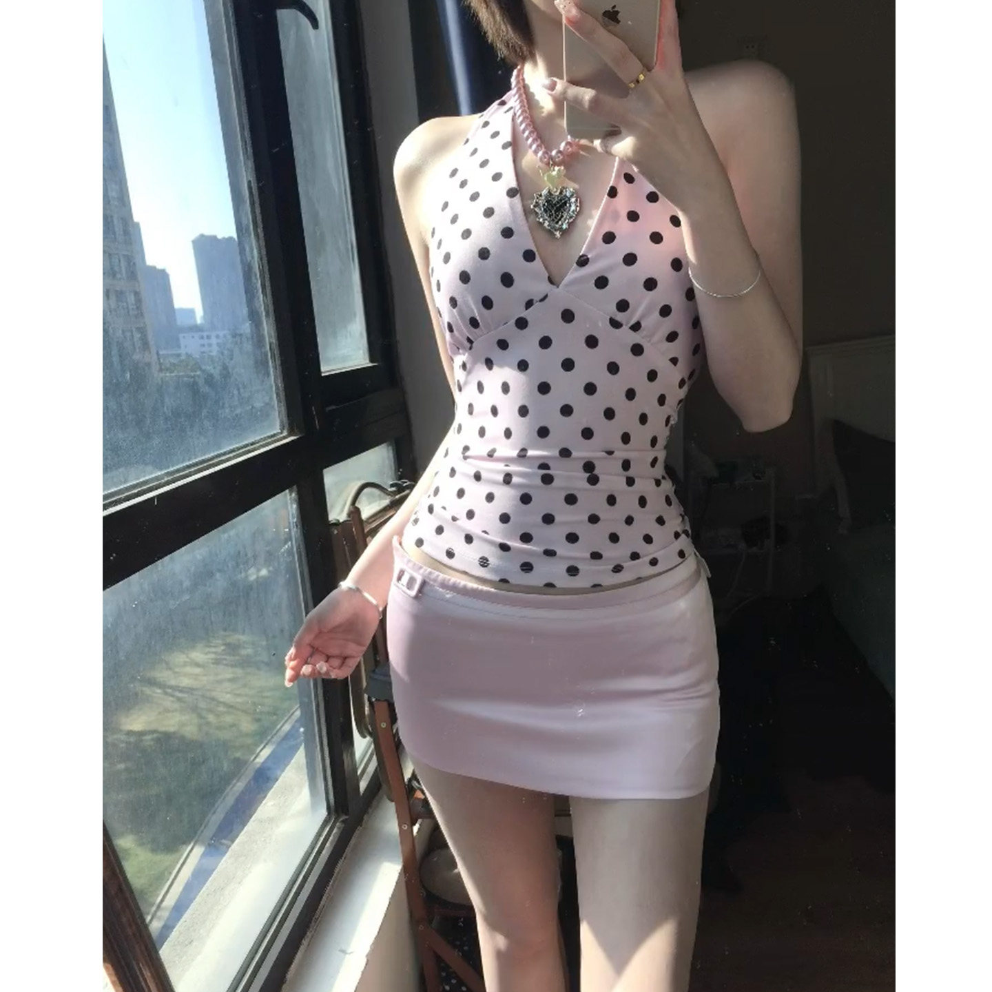 辣妹性感显身材粉色套装女波点挂脖吊带上衣度假半身短裙两件套,女装/女士精品,时尚套装,淘宝优惠券,粉丝福利购,淘宝优惠卷