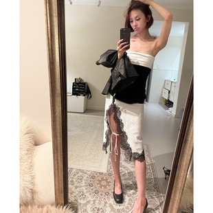 美式辣妹黑白条纹蕾丝拼接半身裙修身性感开叉包臀系带及膝中长裙