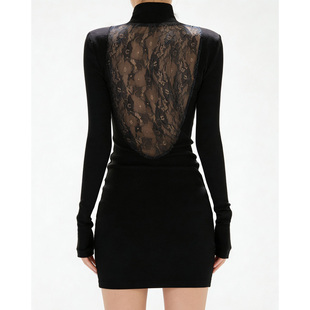 显瘦黑色包臀打底裙 性感修身 美式 辣妹蕾丝拼接露背连衣裙秋冬新款