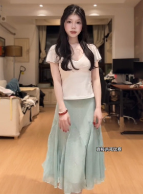 少女甜美波点满印绿色鱼尾中裙女垂感宽松休闲百搭飘逸a字半身裙
