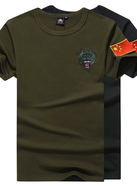 夏季刺绣国旗短袖t恤男青年修身圆领弹力体恤军迷休闲军绿色半袖