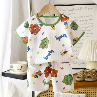 卡通小熊恐龙宝宝T恤空调家居服睡衣 短裤 100%a纯棉夏季 男女童短袖