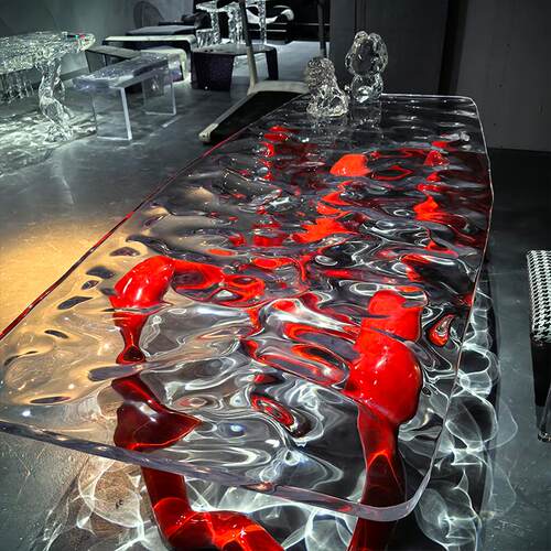 敦煌铂晶会客厅透明水晶大板桌子茶台飞天飘带水波纹冰川茶几