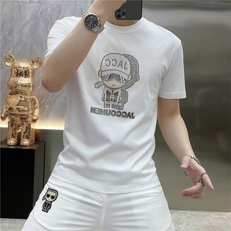 冰丝丝光棉欧洲站夏季男士烫钻印花圆领潮流修身t欧货亮片短袖T恤