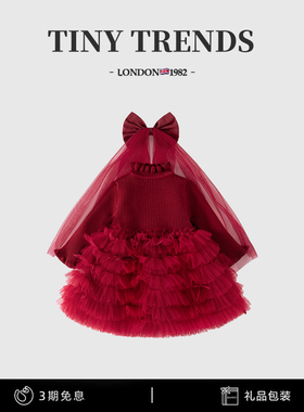 女童毛衣裙秋冬款2025新款圣诞款蛋糕蓬蓬纱裙儿童加厚红色拜年服