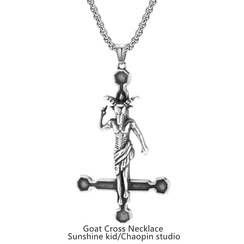欧美嘻哈潮男ins山羊逆十字架项链复古风小众个性钛钢吊坠配饰品