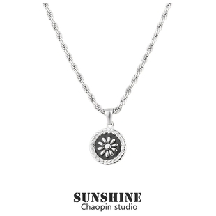 圆形古钱币镶嵌项链高级感男女情侣百搭毛衣链金色太阳花吊坠钛钢