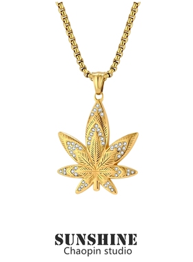 欧美嘻哈镶钻枫叶项链立体