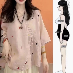 上衣 新中式 国风小花刺绣花衬衫 女夏季 复古斜襟盘扣系带V领五分袖