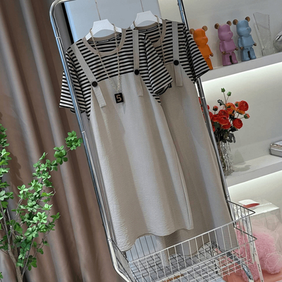 大码条纹假两件短袖背带裙女夏季