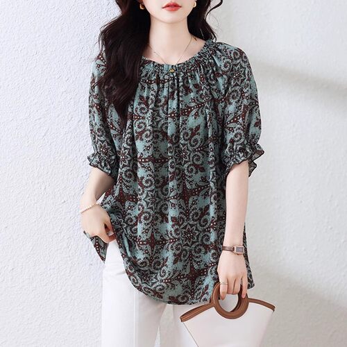 遮肚子雪纺衫一字肩上衣女