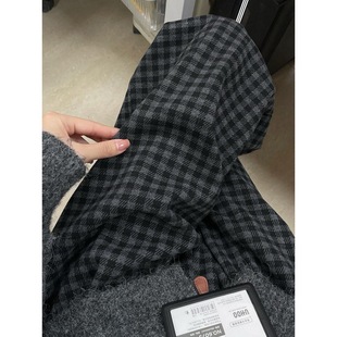 宽松休闲长裤 黑灰色复古格子裤 胖mm高腰显瘦直筒裤 大码 女2025新款
