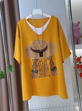 胖MM草帽图案设计短袖T恤夏季宽松大版显瘦减龄中长款洋气上衣女