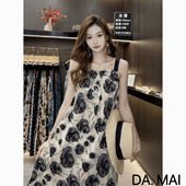 长裙显瘦遮肚法式 度假风缎料吊带裙2025夏季 新款 复古印花连衣裙子