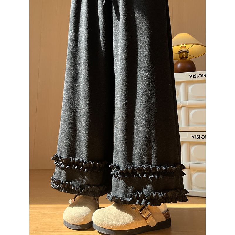 深灰色木耳边阔腿裤女秋季