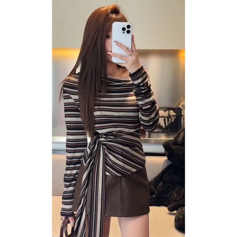 大码胖mm甜酷风磨毛条纹上衣