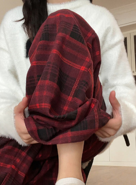 红色复古格子裤子女秋冬休闲宽松直筒加绒裤高腰垂感小个子阔腿裤