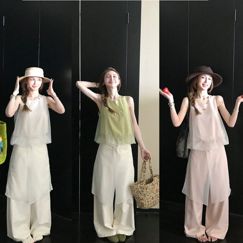 Skk Store'海岛老钱vibe'空气感天丝网纱背心小衫遛弯裤裙裤套装
