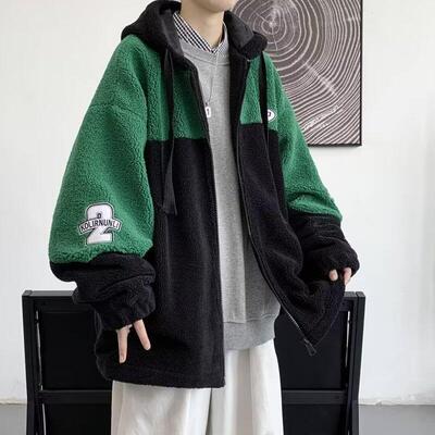 羊羔绒外套男士秋冬季棉衣服加绒加厚连帽大码夹克男款羊羔毛棉袄